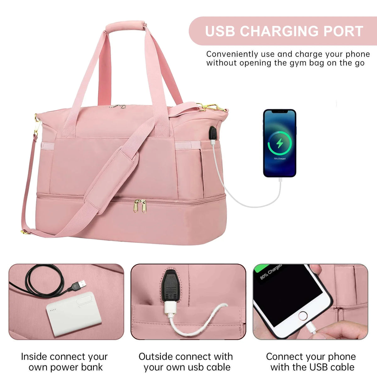 Travel Duffel Bag for Women, Gym Bag with USB Charging Port, Large Weekender Overnight Bag with Wet Pocket and Shoes Compartment for Travel, Gym, Yoga, Black