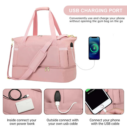 Travel Duffel Bag for Women, Gym Bag with USB Charging Port, Large Weekender Overnight Bag with Wet Pocket and Shoes Compartment for Travel, Gym, Yoga, Black
